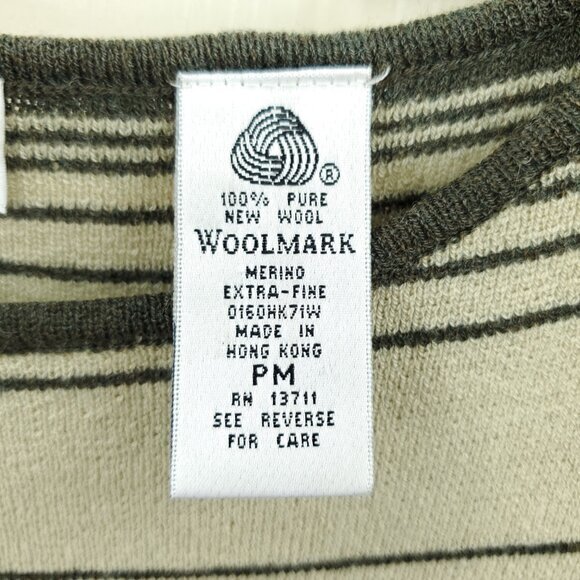 VTG 90s/2000s 100% Wool Knit Boat Neck Top PM Green/Cream/Black Stripe - Picture 12 of 16